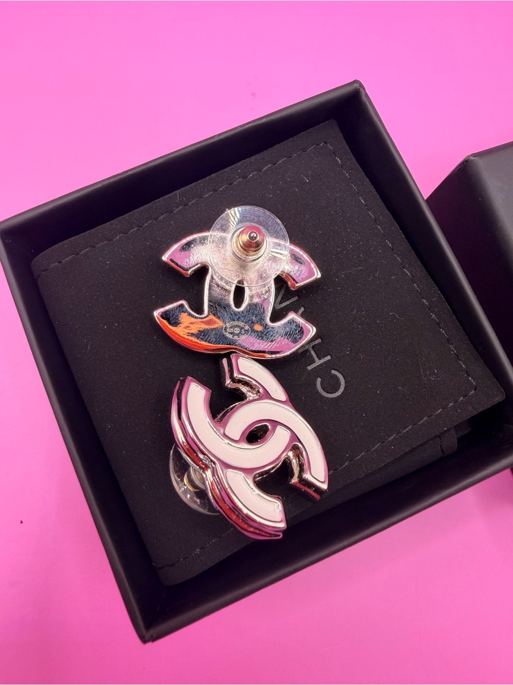 Authentic CHANEL Pink and White CC Logo Stud Earrings - Picture 3 of 6
